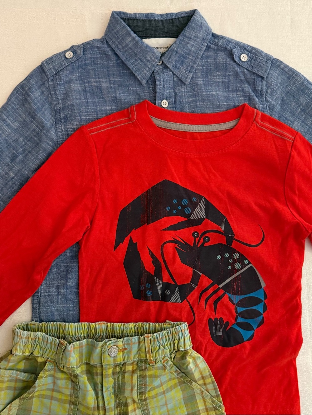 Tea Red Tee with Graphic, Paper Denim and Cloth button down and Oilily pants